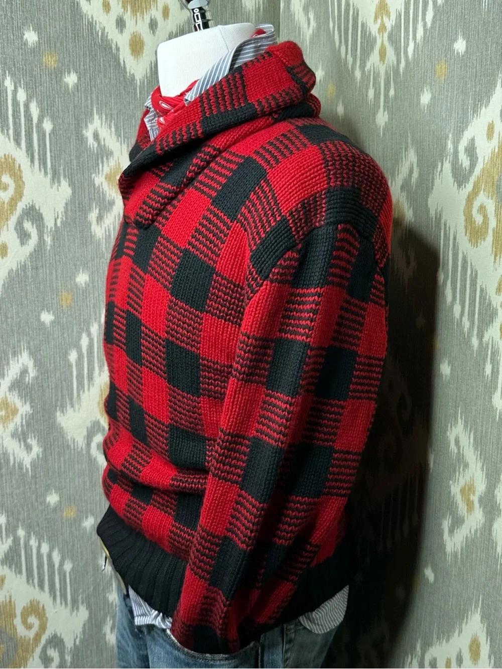 Polo Ralph Lauren Red Buffalo Check Plaid Cashmere Shawl Collar Sweater